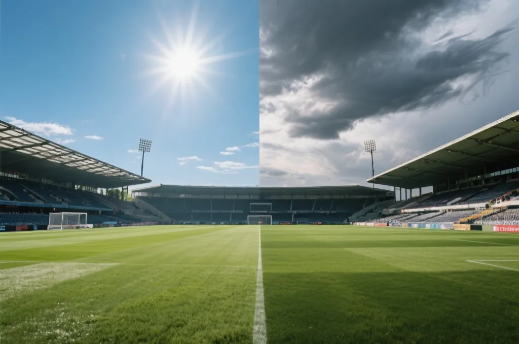 体育场在不同天气条件下的对比画面：晴热与大风阴天，表现比赛节奏变化