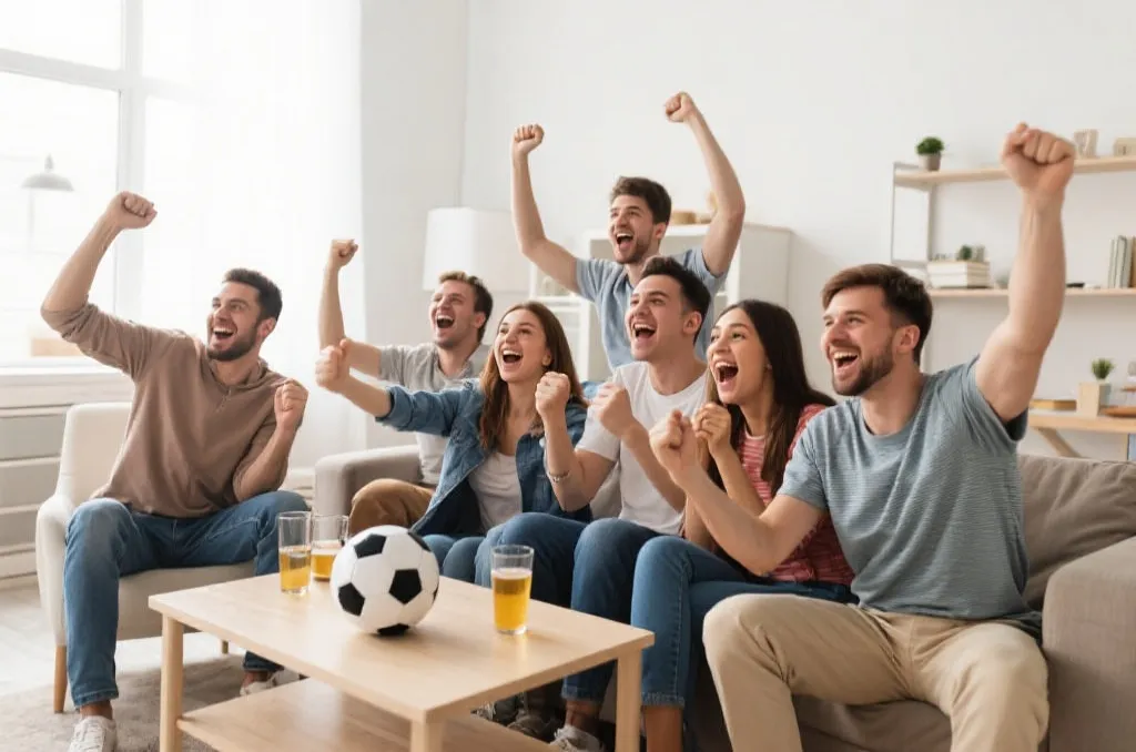 球迷在客厅看球并欢呼